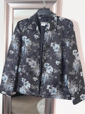 Maggy L Blue & White Floral Embroidered Black Jacket- Women